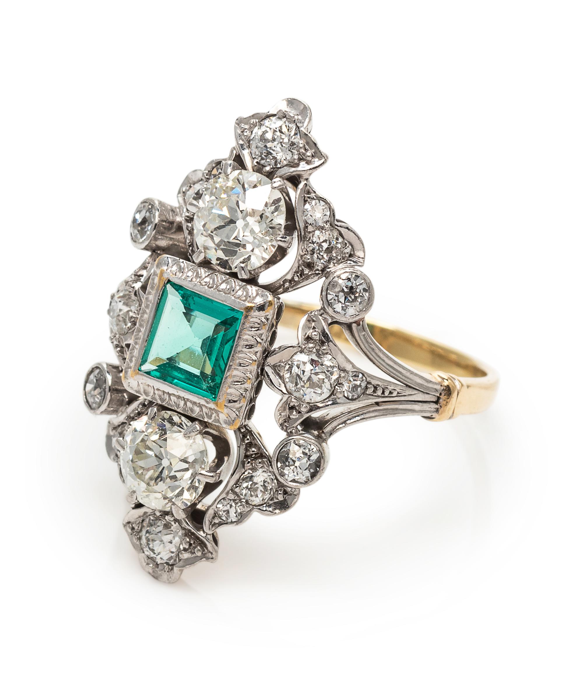 A Platinum Topped Yellow Gold, Emerald and Diamond Ring,