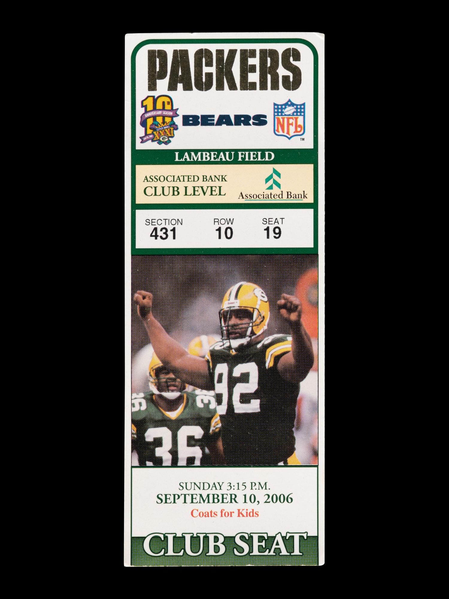 A September 10, 2006 Chicago Bears vs. Green Bay Packers Ticket Stub (Devin Hester's First Career Touchdown Punt Return)