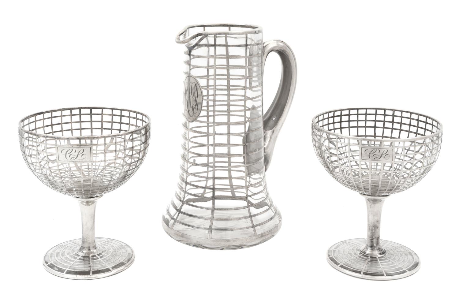 Three Silver Overlay Glass Table Articles Height of first 9 1/8 inches.