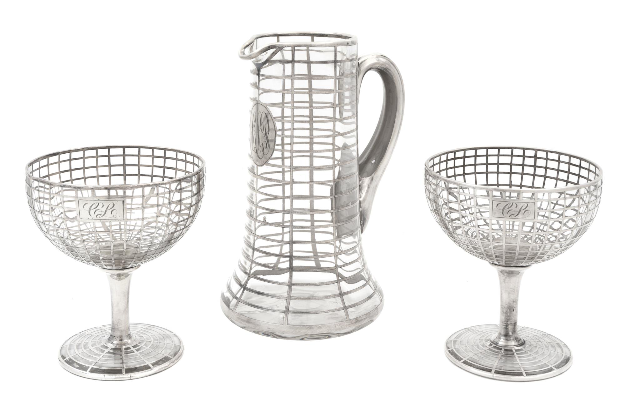 Three Silver Overlay Glass Table Articles Height of first 9 1/8 inches.