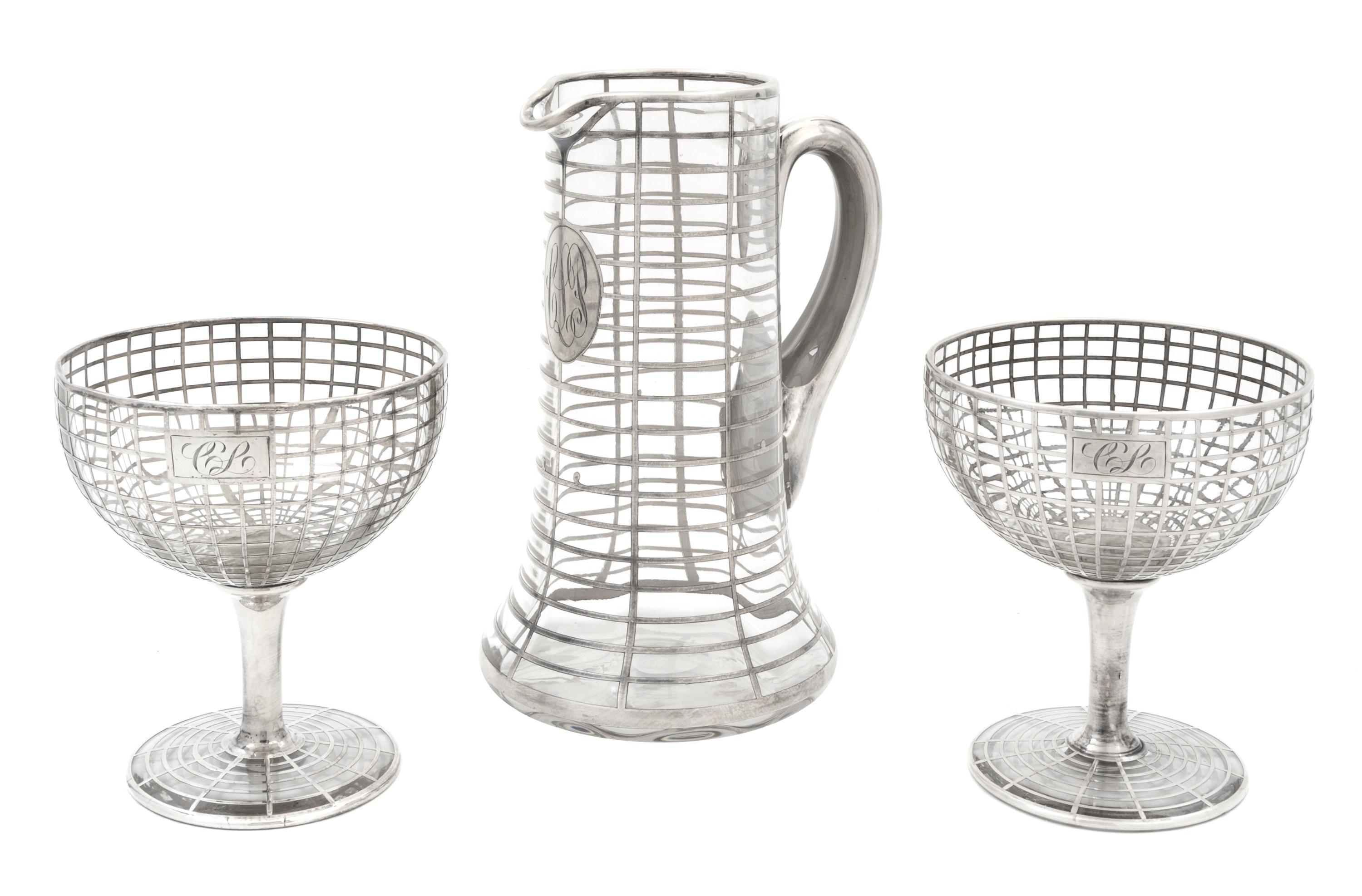 Three Silver Overlay Glass Table Articles Height of first 9 1/8 inches.