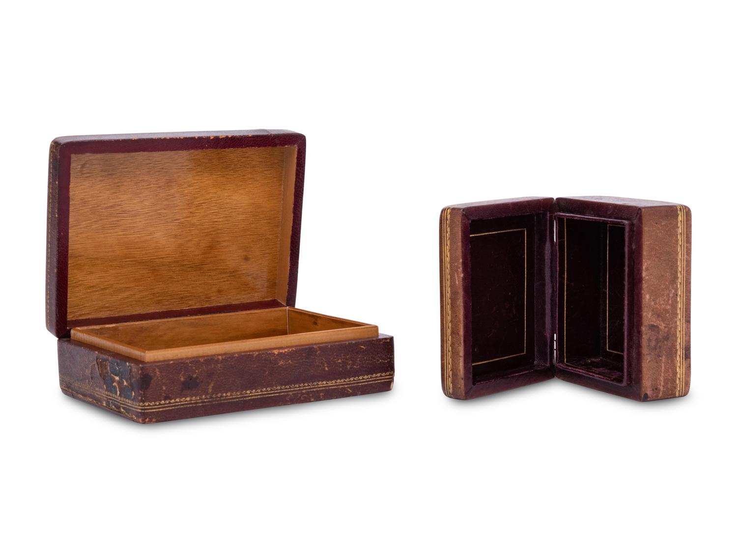 Two Continental Pietra Dura and Tooled Leather Boxes