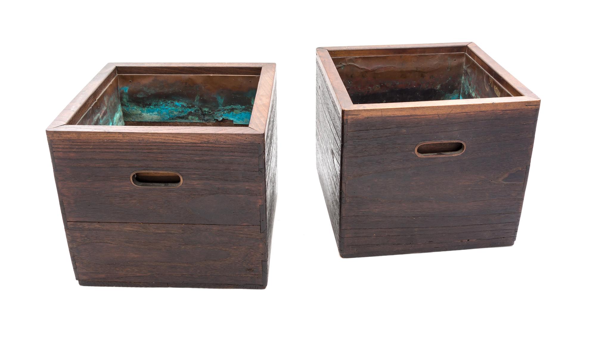 A Pair of Japanese Wood Jardinieres Height 10 1/8 x width 10 1/8 inches (each).