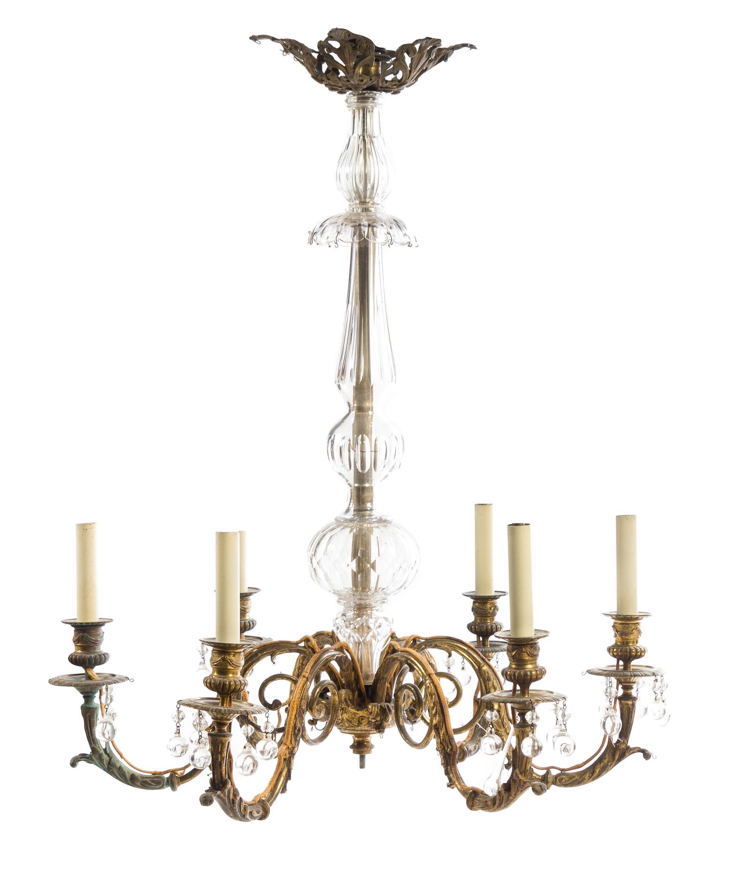 A Continental Gilt Metal and Glass Lighting Suite Diameter of chandelier 25 inches. — 19TH CENTURY