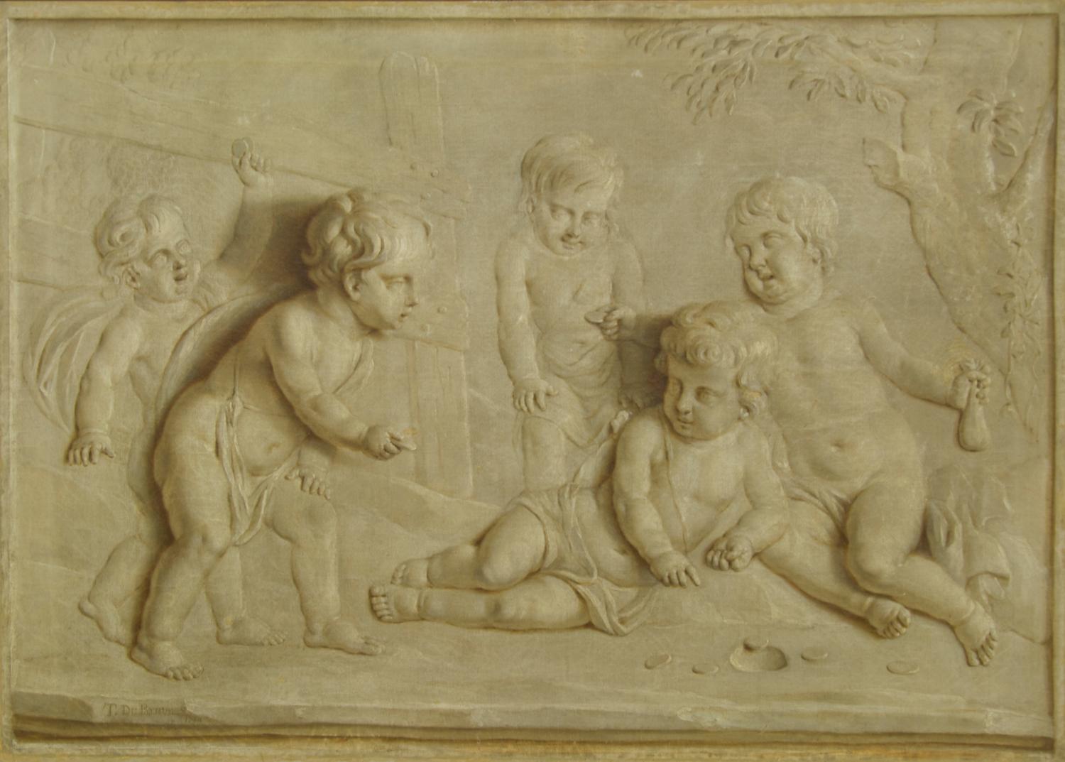 A Grisaille Painting of Five Putti at Play, Height 29 1/2 x width 41 1/2 inches.
