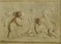 A Grisaille Painting of Five Putti at Play, Height 29 1/2 x width 41 1/2 inches.