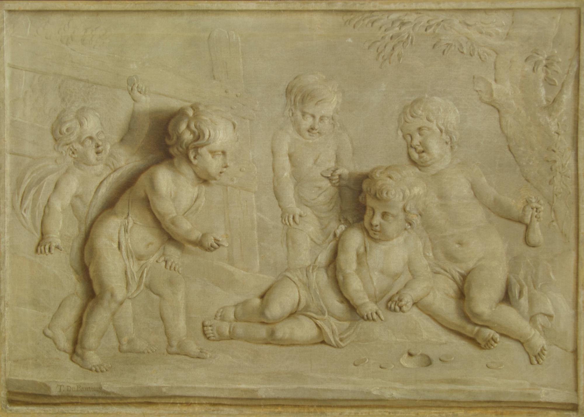 A Grisaille Painting of Five Putti at Play, Height 29 1/2 x width 41 1/2 inches.
