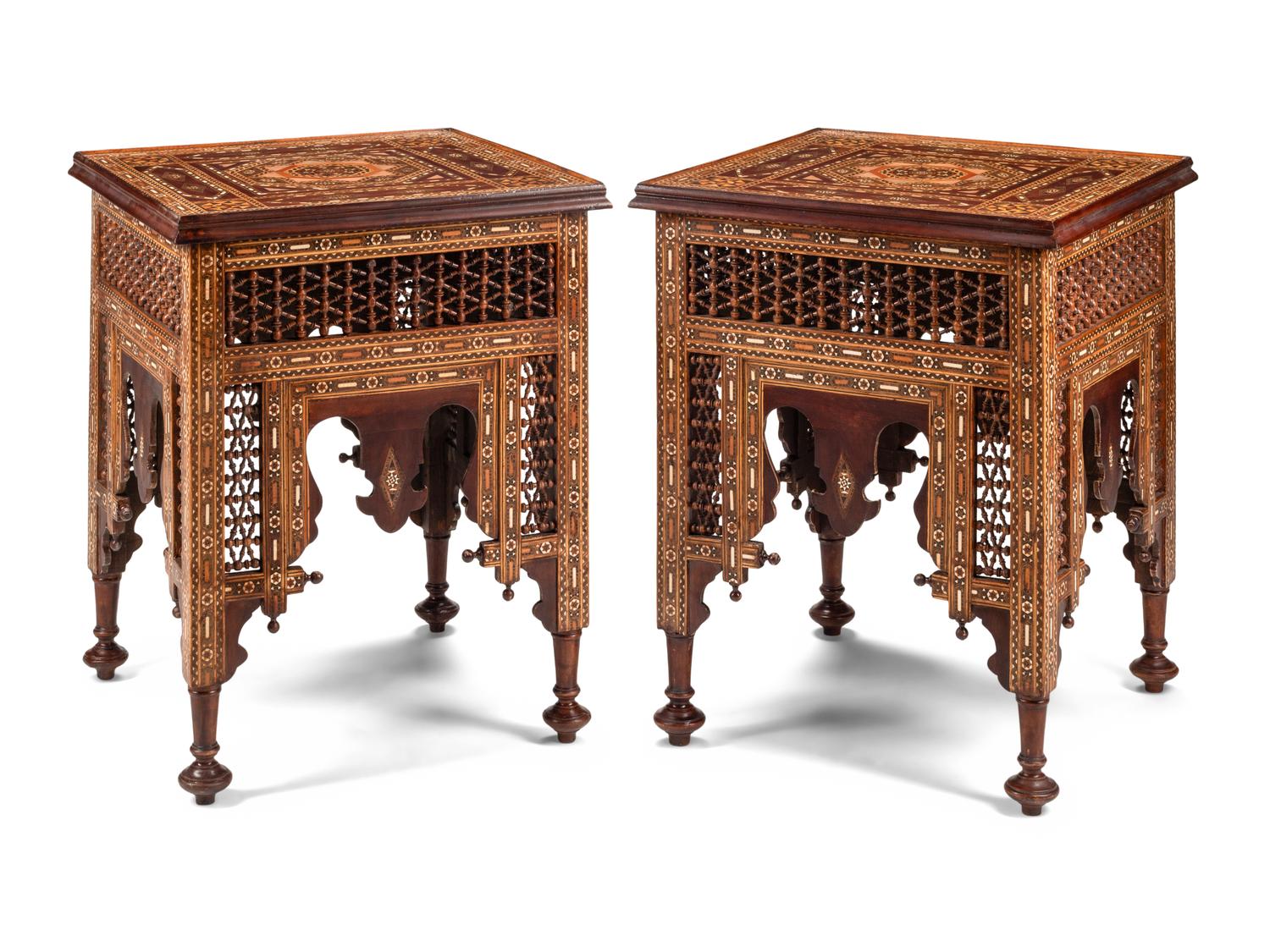 A Pair of Levantine Turned Walnut, Marquetry and Abalone-Inlaid Side Tables
