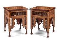 A Pair of Levantine Turned Walnut, Marquetry and Abalone-Inlaid Side Tables
