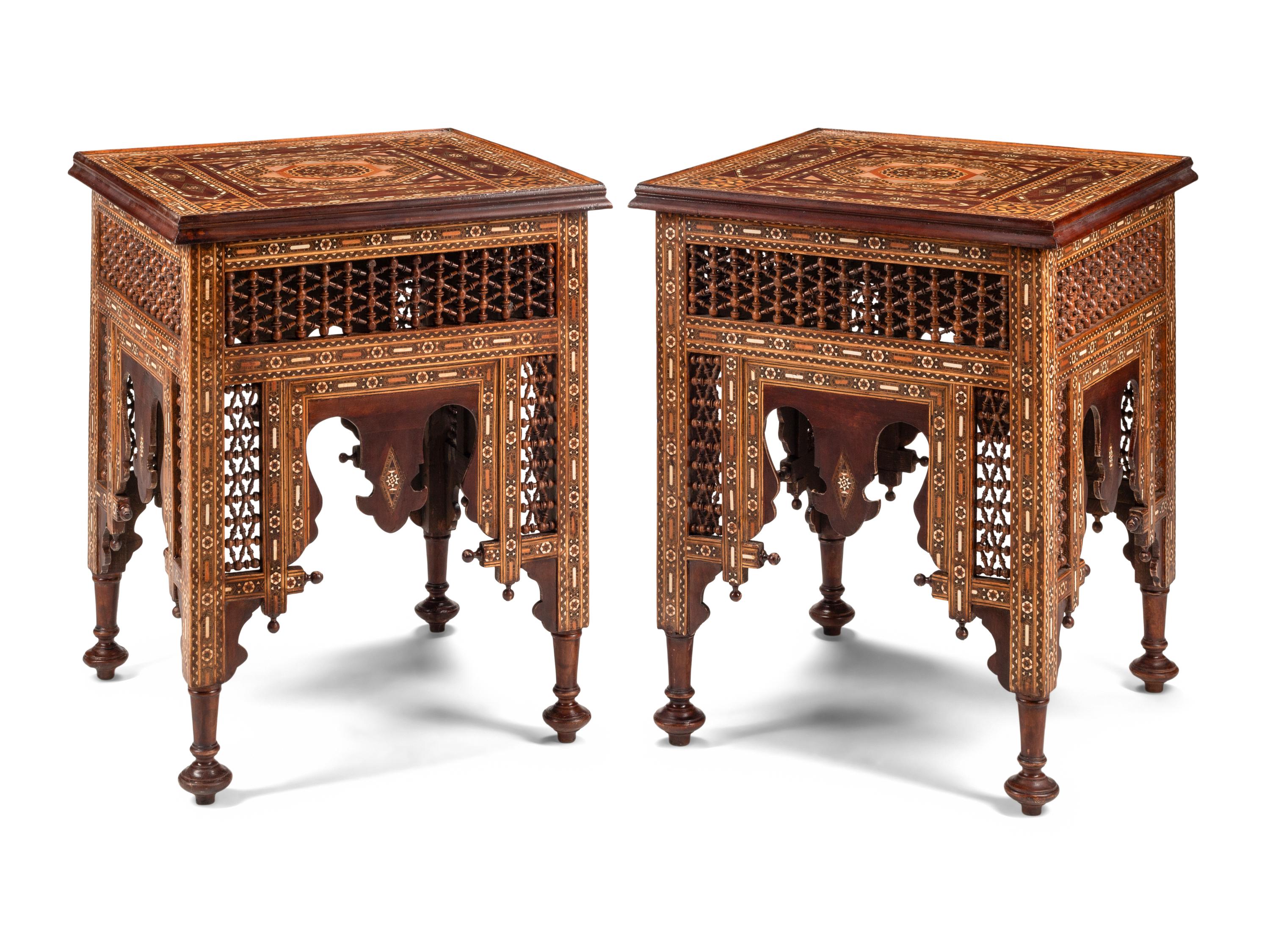 A Pair of Levantine Turned Walnut, Marquetry and Abalone-Inlaid Side Tables
