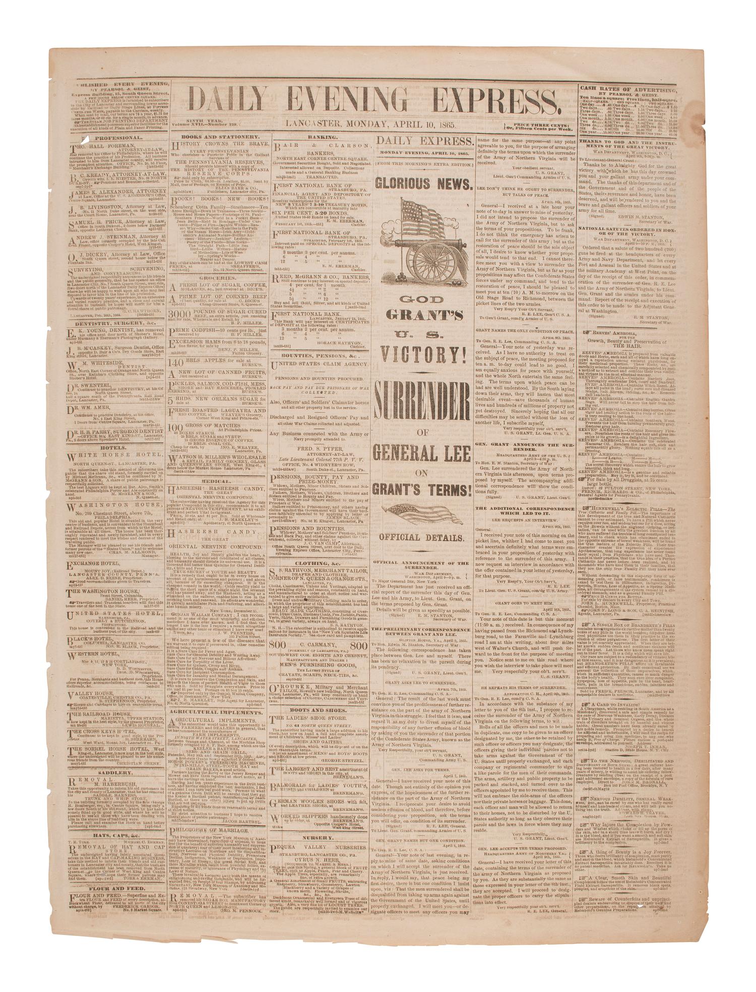 [CIVIL WAR] Daily Evening Express . 10 April 1865. Feat. breaking news headlines of Lee's surrender.