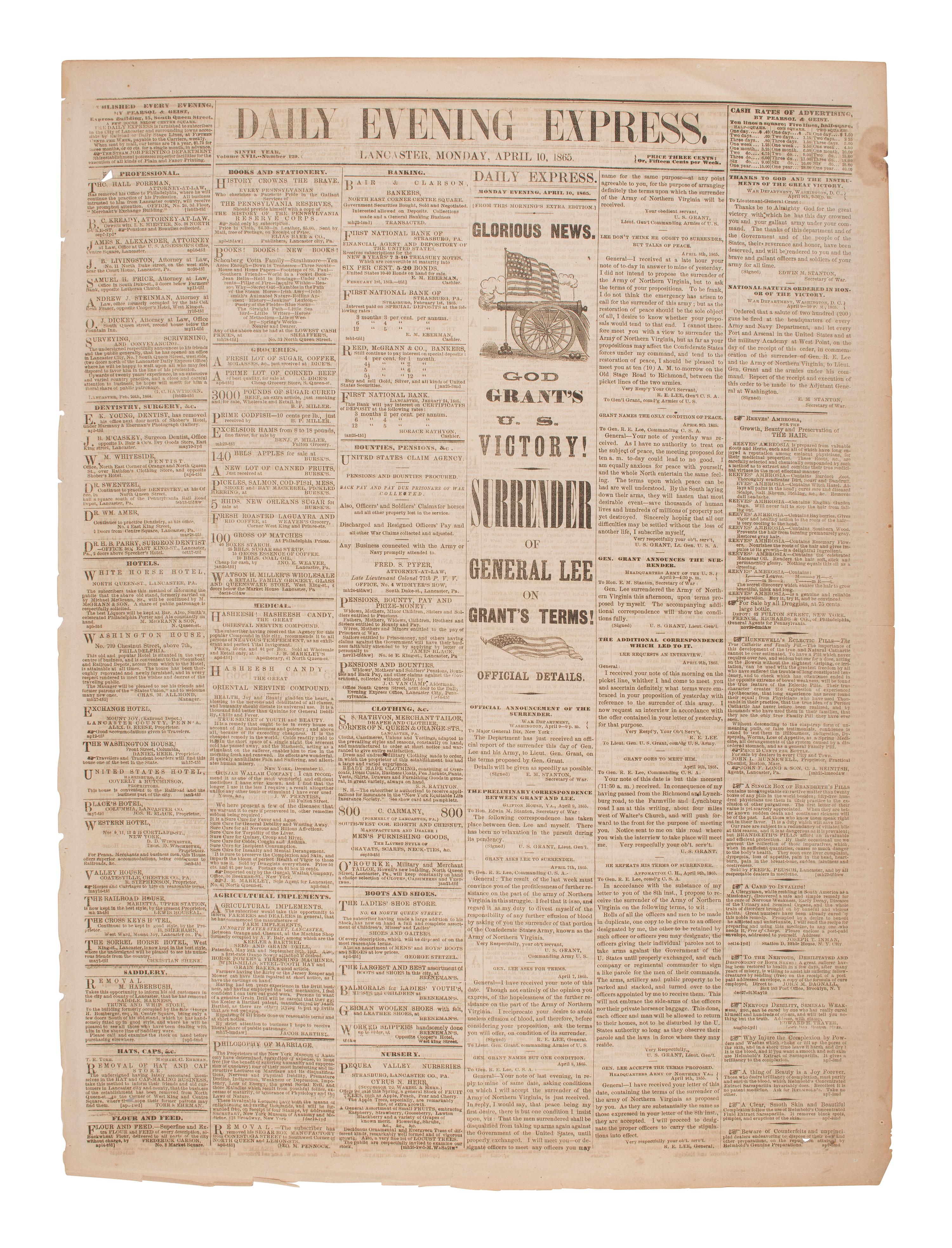 [CIVIL WAR] Daily Evening Express . 10 April 1865. Feat. breaking news headlines of Lee's surrender.