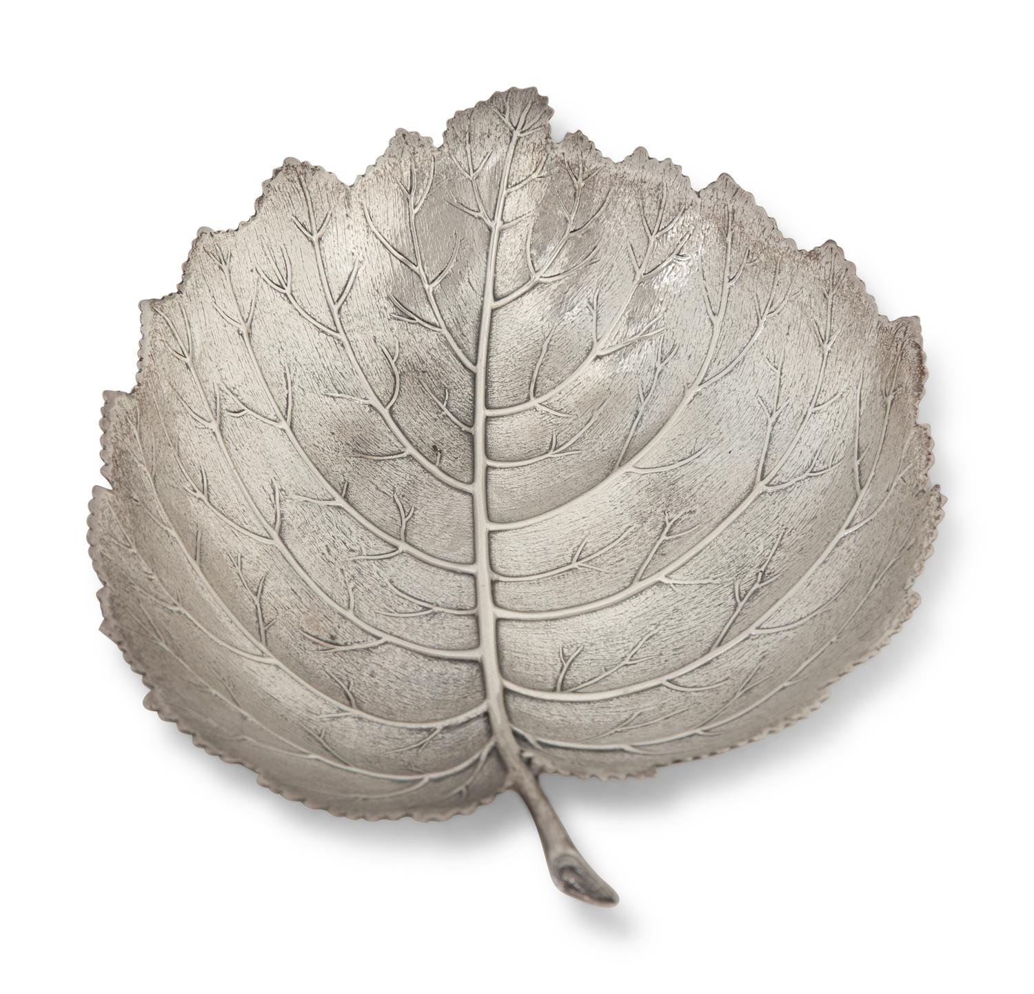 A Buccellati Silver Poplar Leaf Dish and Five Silvered Metal Fruits