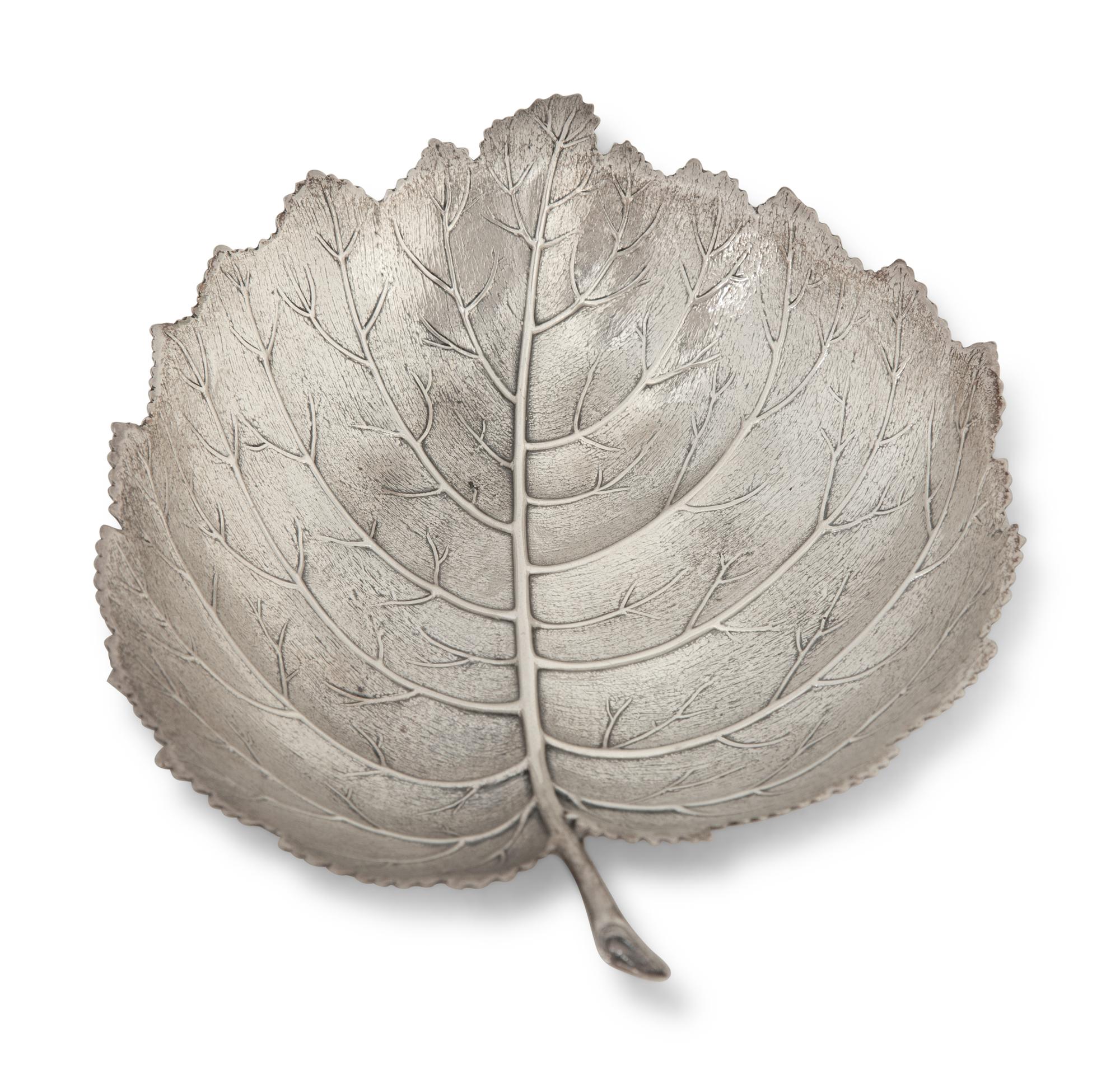 A Buccellati Silver Poplar Leaf Dish and Five Silvered Metal Fruits