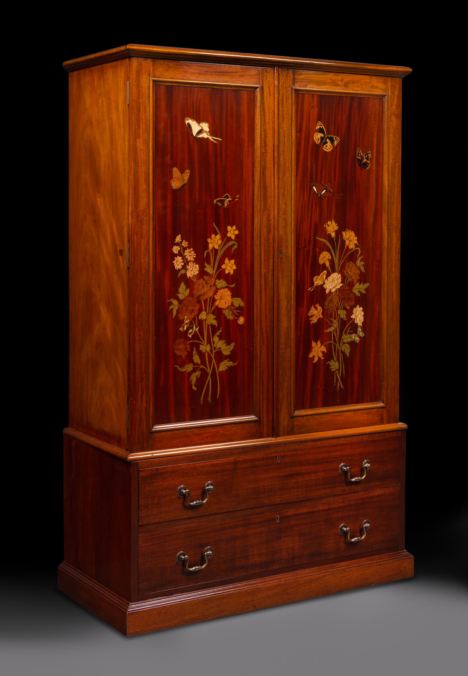 An English Mahogany and Marquetry Butterfly Collector's Cabinet with a Collection of Specimens