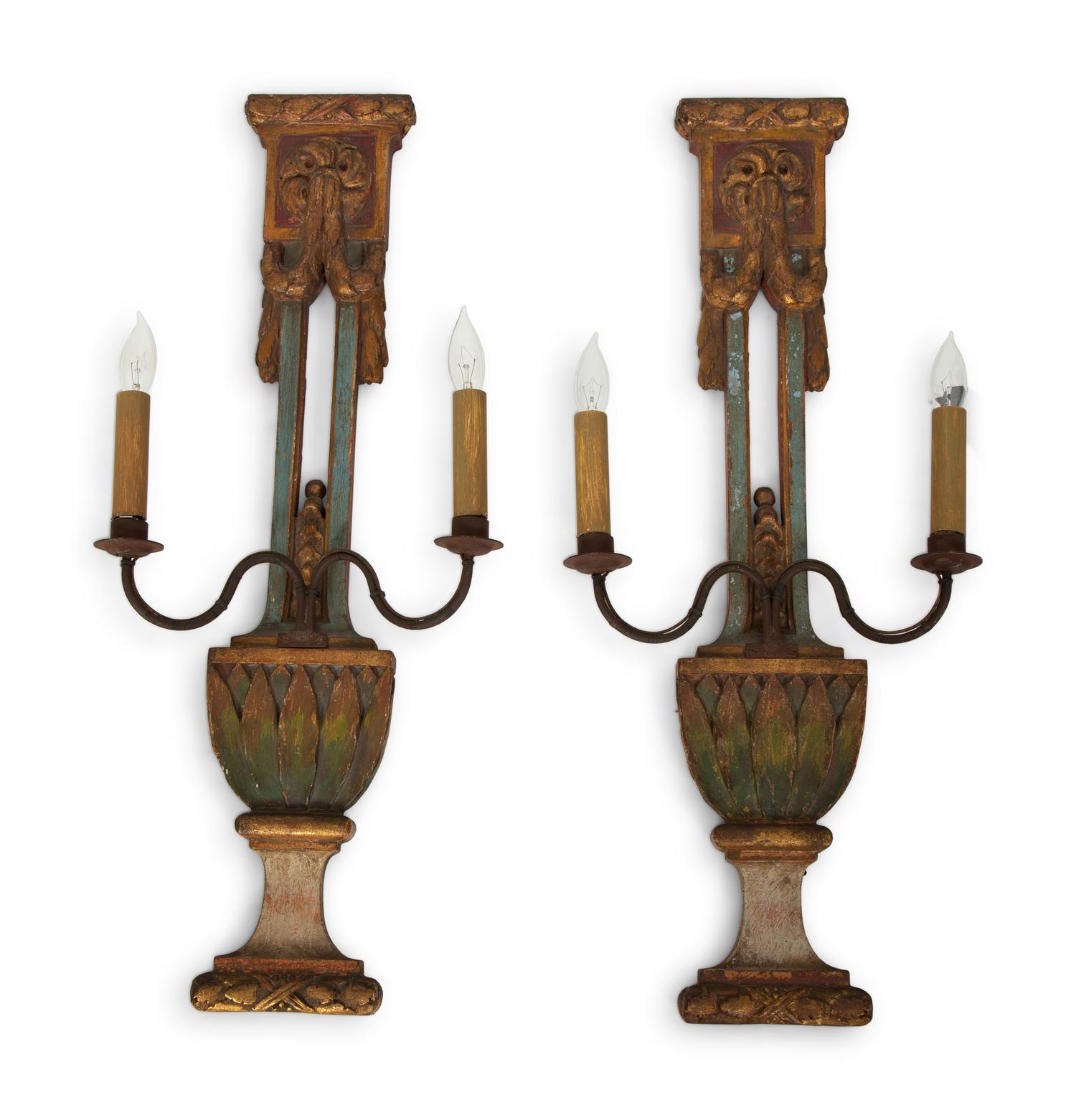 A Pair of Italian Painted and Parcel Gilt Sconces — EARLY 20TH CENTURY