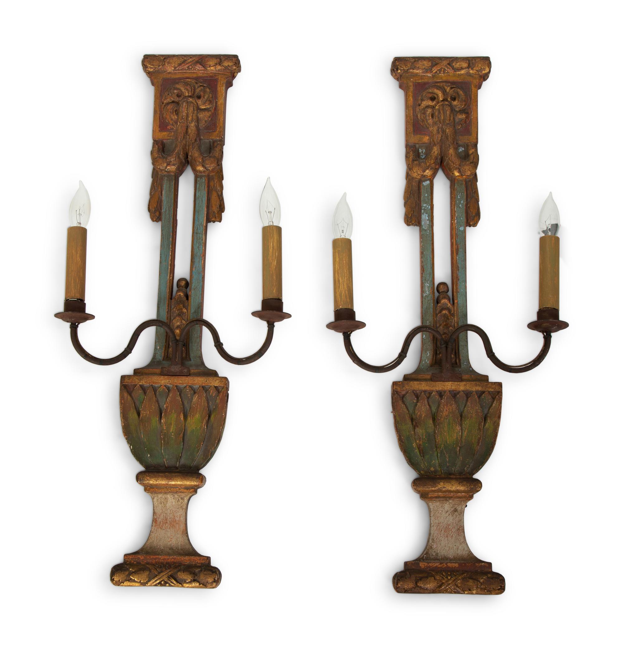A Pair of Italian Painted and Parcel Gilt Sconces — EARLY 20TH CENTURY