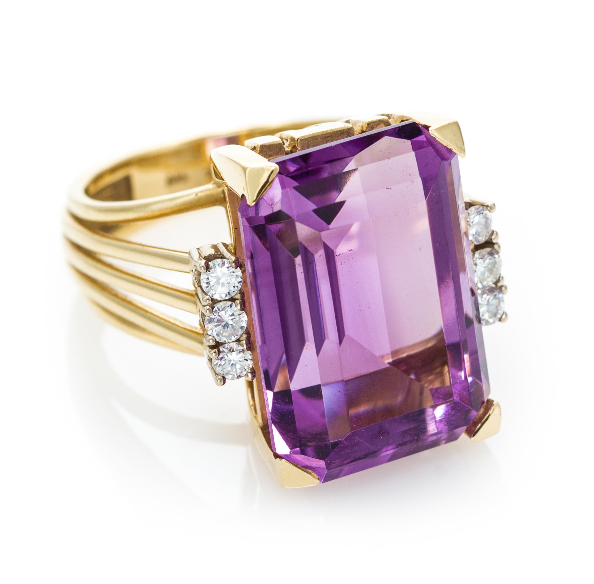 A Yellow Gold, Amethyst and Diamond Ring, 7.00 dwts.