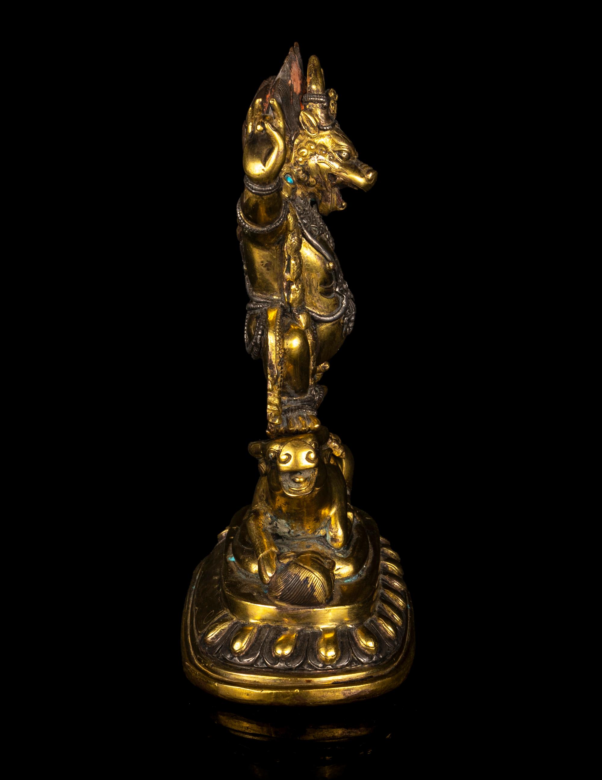 A Tibetan Gilt Bronze and Silver Inlaid Figure of Yama Dharmaraja
