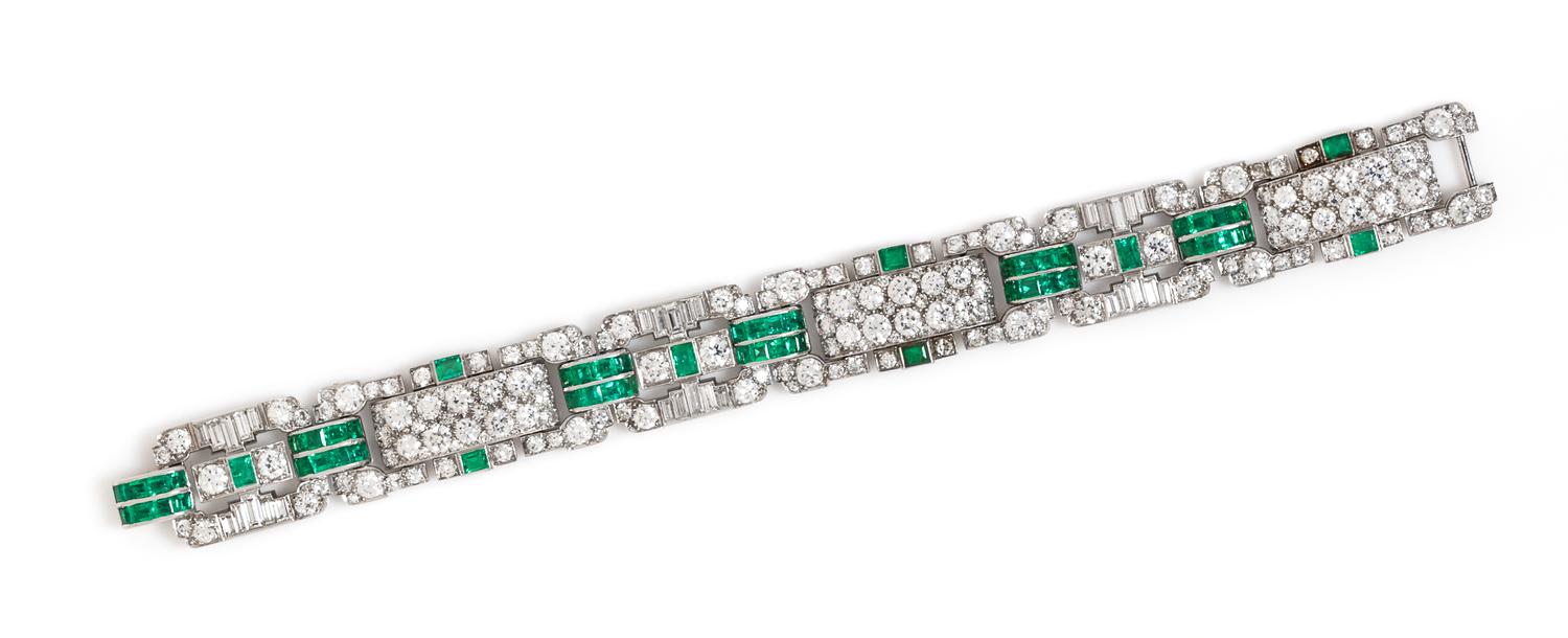 An Art Deco Platinum, Diamond and Emerald Bracelet, 31.90 dwts.