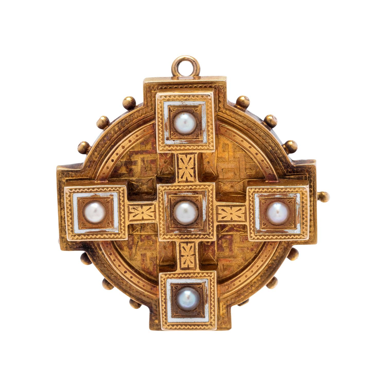 VICTORIAN, GOLD-FILLED, PEARL AND ENAMEL PENDANT/BROOCH