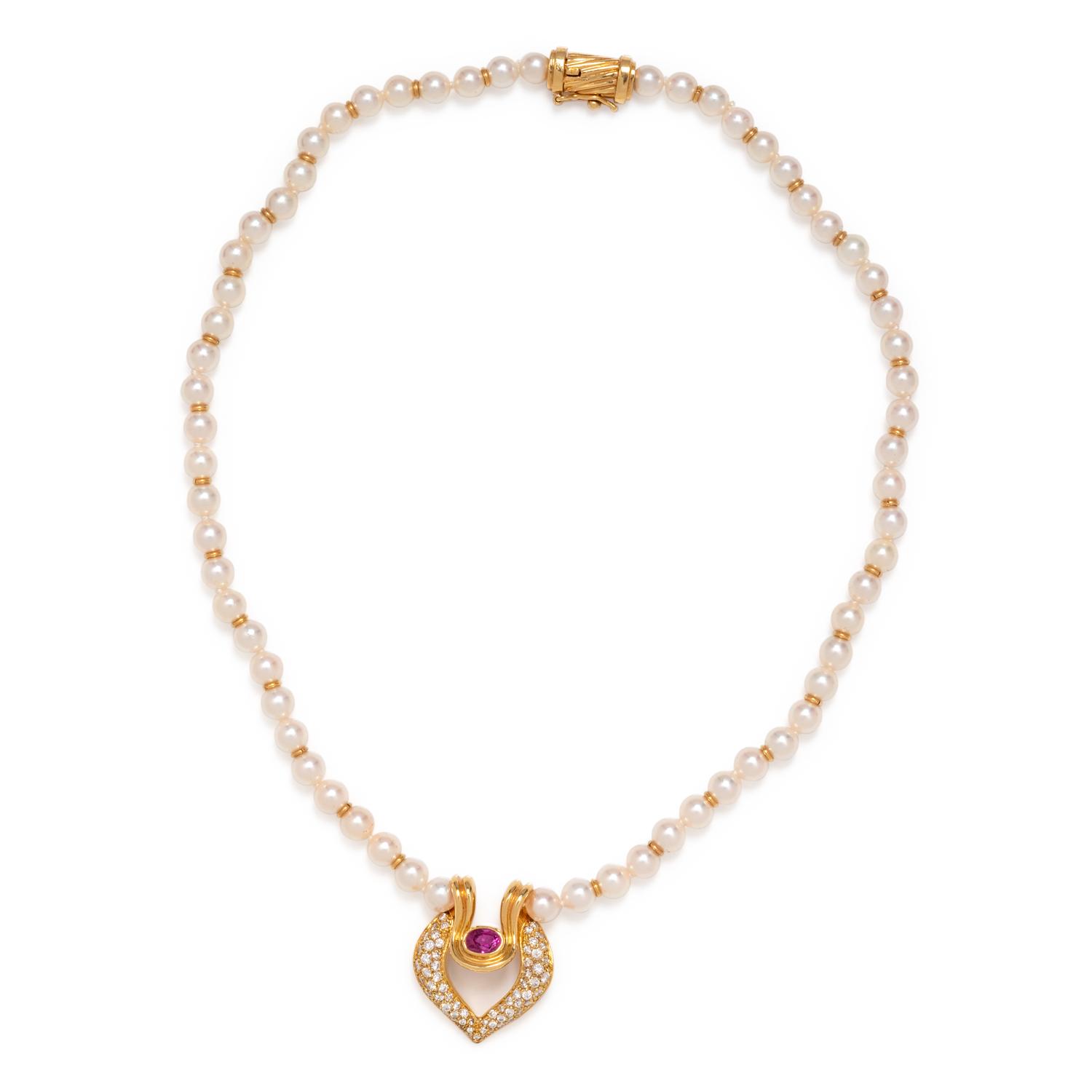 PINK SAPPHIRE, DIAMOND AND CULTURED PEARL NECKLACE