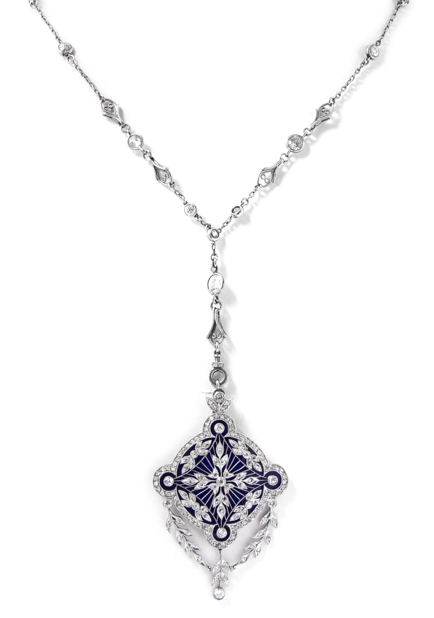 An Edwardian Platinum, Diamond, and Enamel Pendant and Longchain, 16.80 dwts.