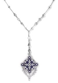 An Edwardian Platinum, Diamond, and Enamel Pendant and Longchain, 16.80 dwts.
