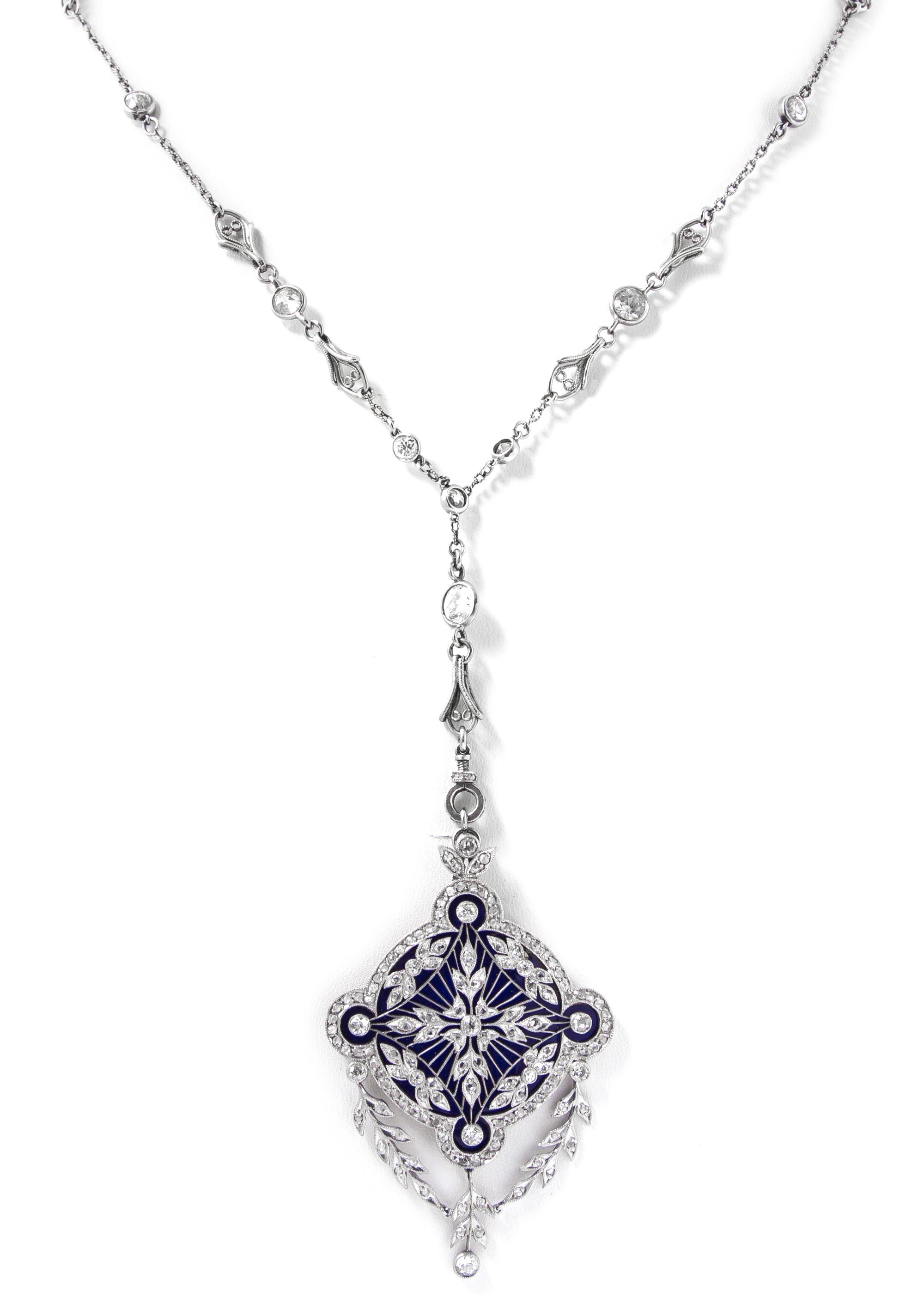 An Edwardian Platinum, Diamond, and Enamel Pendant and Longchain, 16.80 dwts.
