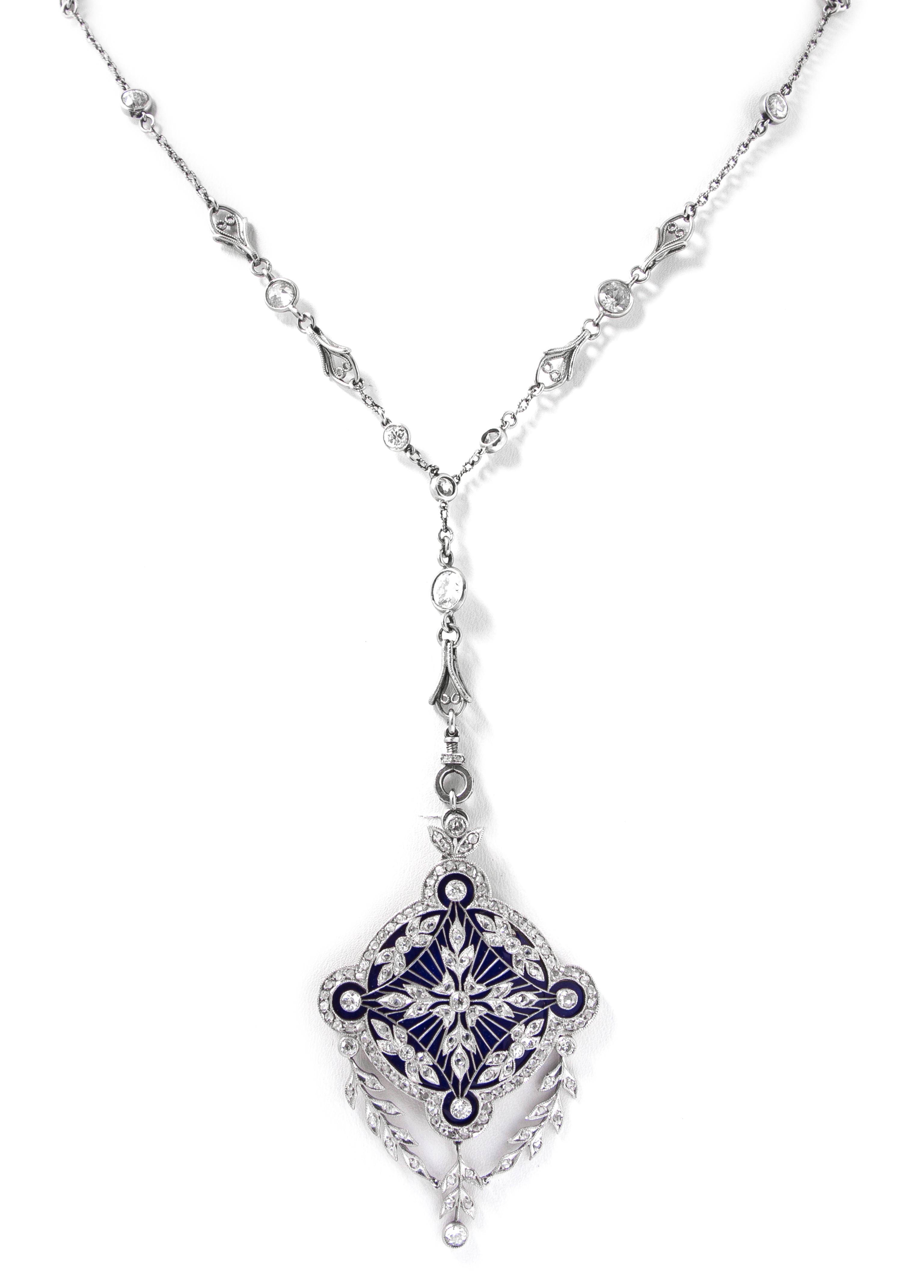 An Edwardian Platinum, Diamond, and Enamel Pendant and Longchain, 16.80 dwts.