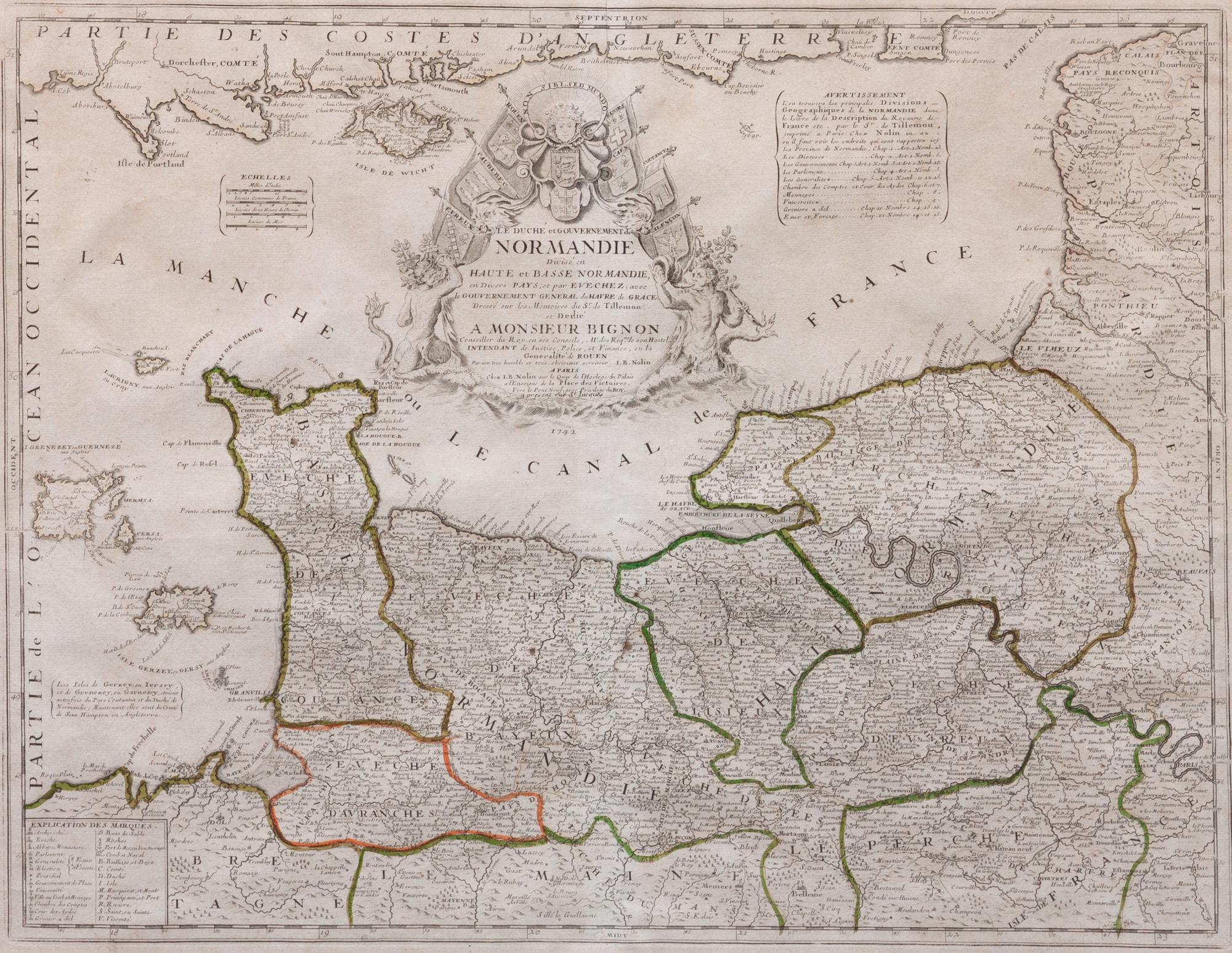 (Map) — Le Duche Et Normandie Divise en Haute et Basse Normandie en divers Pays, 1742