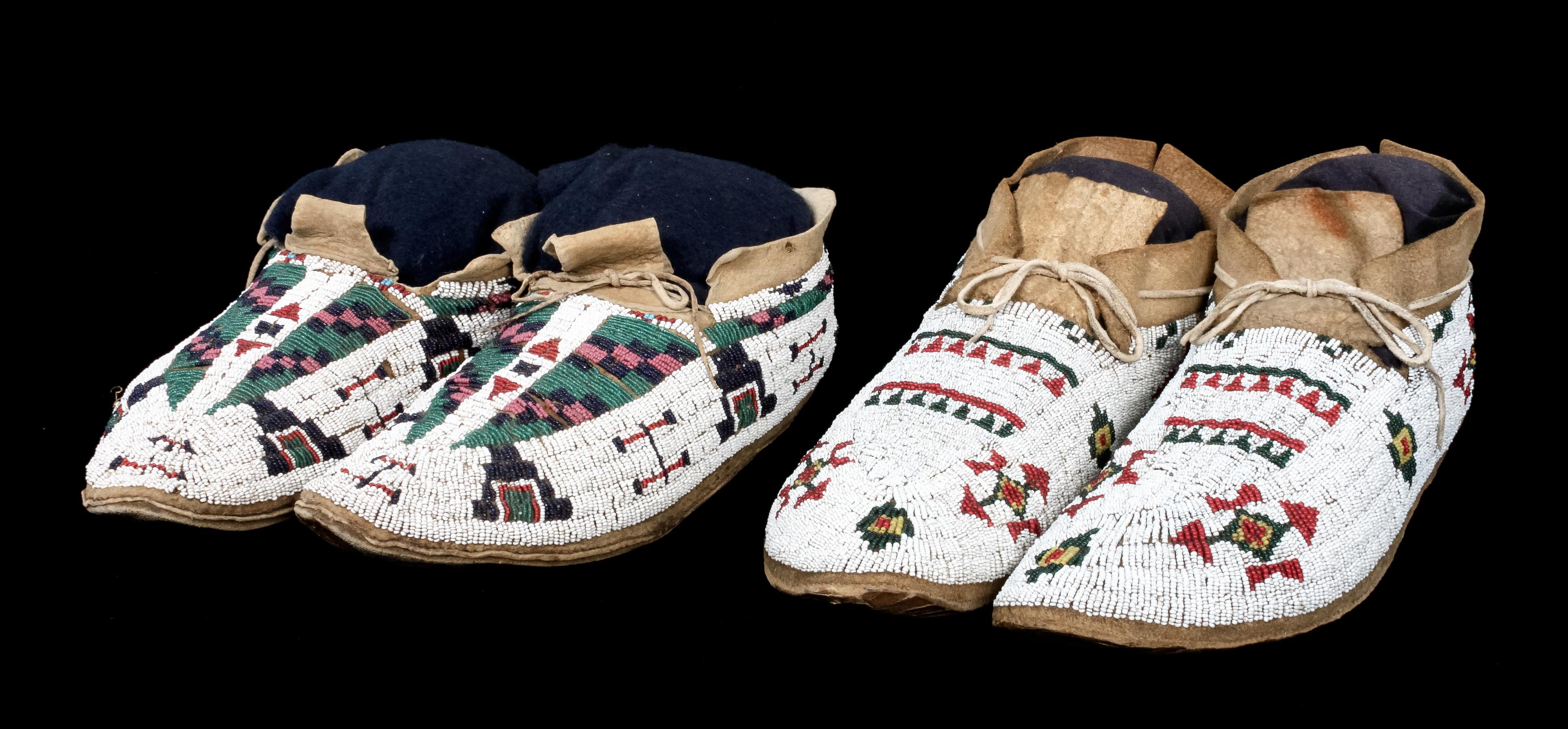 Two Pairs of Fully Beaded Northern Plains Moccasins Length of longest: 11 inches — CIRCA 1890