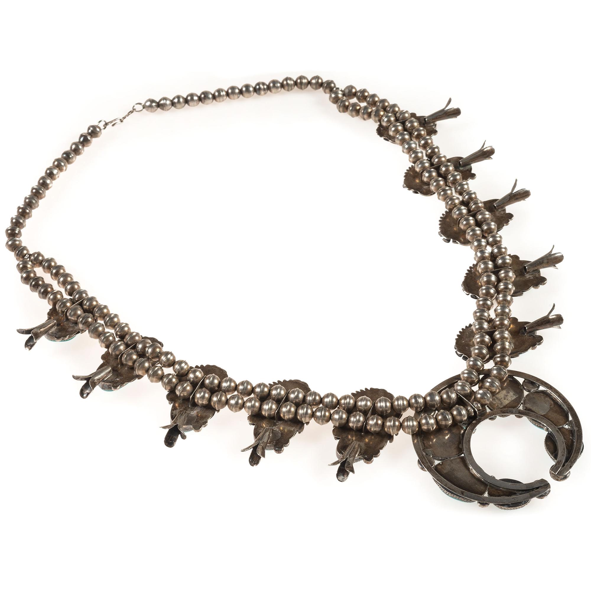 Navajo Silver and Turquoise Squash Blossom Necklace