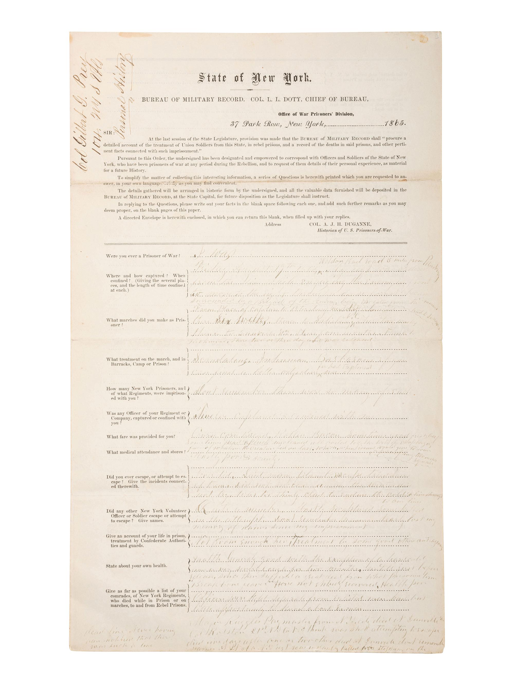 [CIVIL WAR]. Prisoner of war questionnaire from the Bureau of Military Record, State of New York, completed by Col. Gilbert G. Prey, 104th New York Volunteers, commanding officer at Gettysburg and POW at Weldon Railroad, ca 1865.