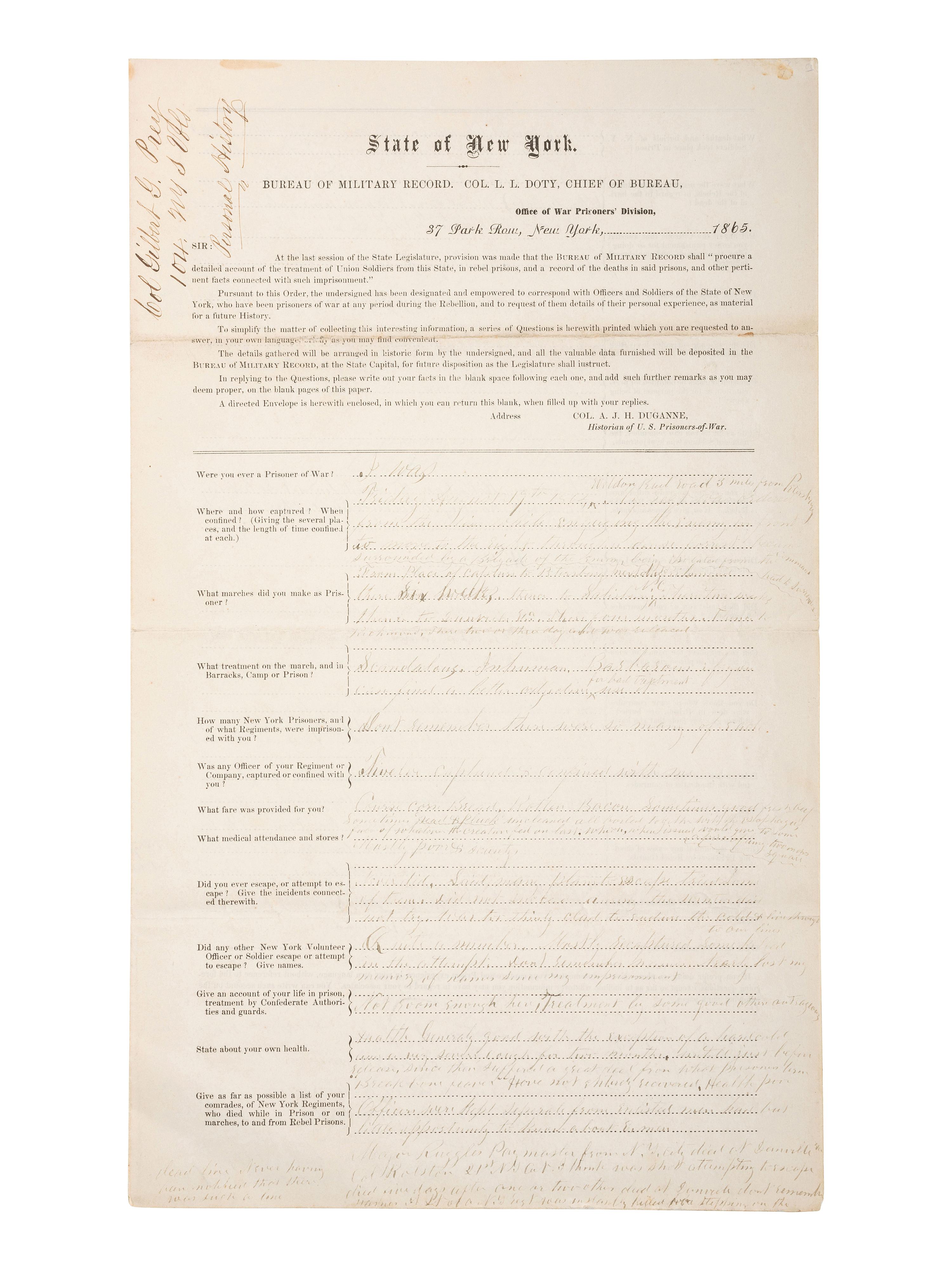 [CIVIL WAR]. Prisoner of war questionnaire from the Bureau of Military Record, State of New York, completed by Col. Gilbert G. Prey, 104th New York Volunteers, commanding officer at Gettysburg and POW at Weldon Railroad, ca 1865.