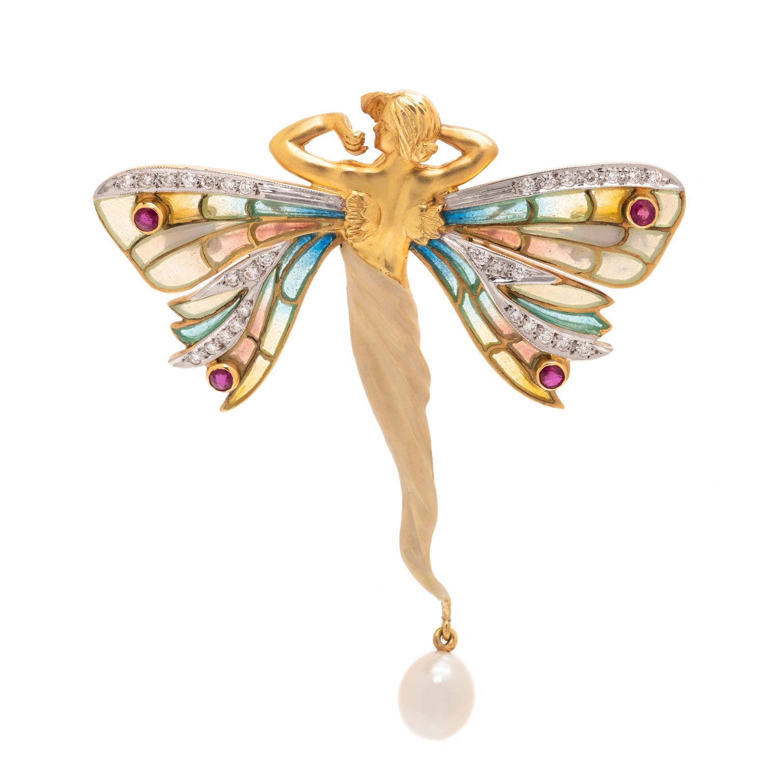 MASRIERA, RUBY, DIAMOND, CULTURED PEARL AND PLIQUE-À-JOUR ENAMEL 'NYMPHS' PENDANT/BROOCH