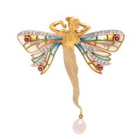 MASRIERA, RUBY, DIAMOND, CULTURED PEARL AND PLIQUE-À-JOUR ENAMEL 'NYMPHS' PENDANT/BROOCH
