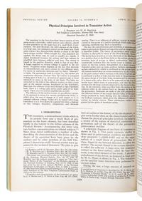 [TRANSISTORS]. BARDEEN, John (1908-1991) and Walter H. BRATTAIN (1902-1987). “The Transistor, A Semi-Conductor Triode.” – BRATTAIN, William H. and John BARDEEN. “Nature of the Forward Current in Germanium Point Contacts.” – SHOCKLEY, William Bradford, Jr. (1910-1989) and Gerald. L. PEARSON (1905-1987). “Modulation of Conductance of Thin Films of Semi-Conductors by Surface Charges.” In: The Physical Review , Vol. 74, Second Series, No. 2, pp. 230-233. Lancaster, PA and New York: American Institute of Physics, July 15, 1948.