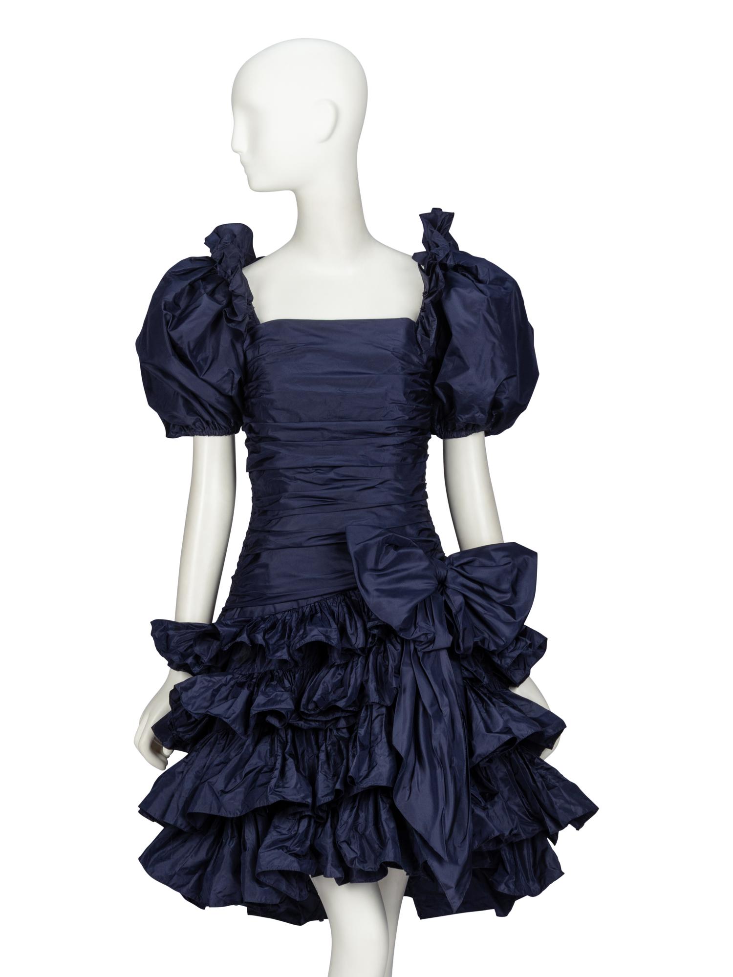 Oscar de la Renta, Navy Taffeta Ruffle Cocktail Dress, 1980s Runway Sample