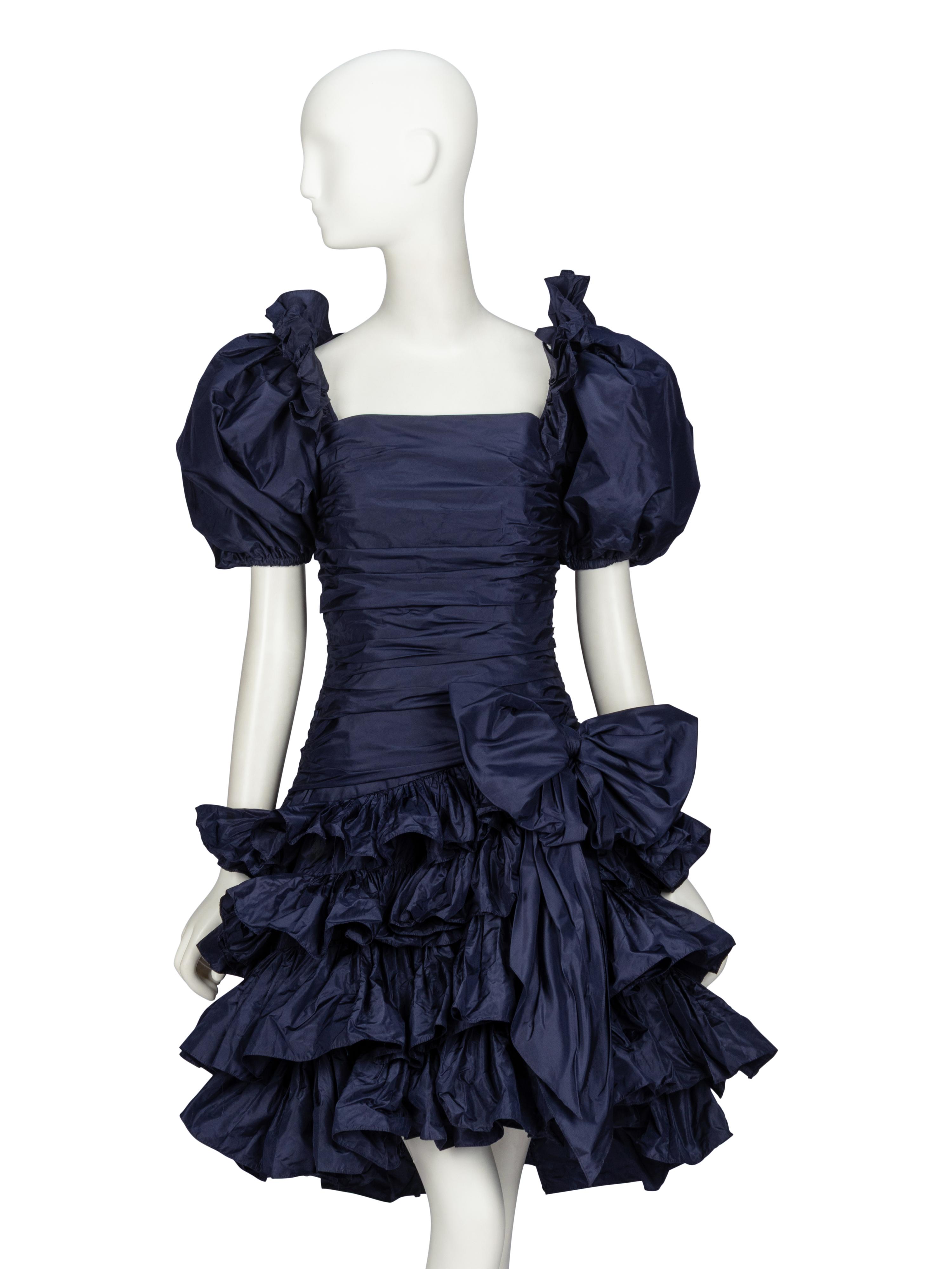Oscar de la Renta, Navy Taffeta Ruffle Cocktail Dress, 1980s Runway Sample