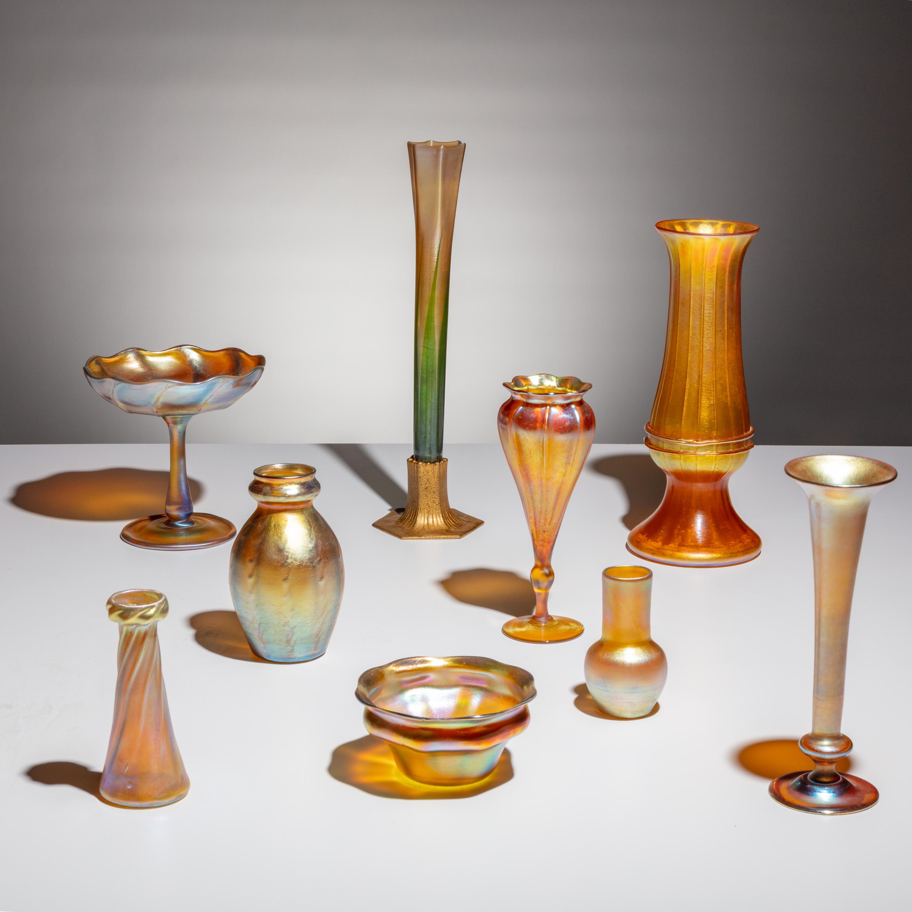 Tiffany Studios New York (American, 1895–1930) — Group of 9 Favrile Glass and Bronzeware Items