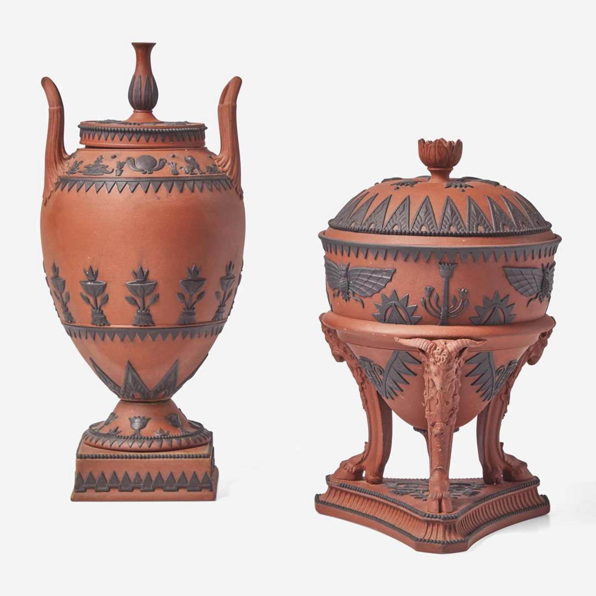 Two Wedgwood Rosso Antico Egyptian Revival Vases with Covers UK, 19th century