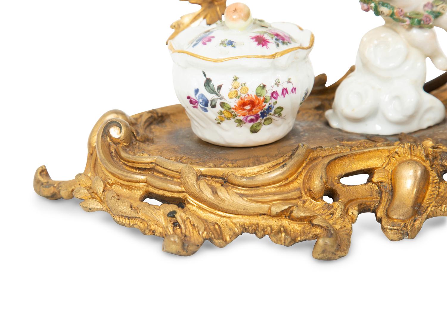 A Louis XV Style Porcelain and Gilt Bronze Standish