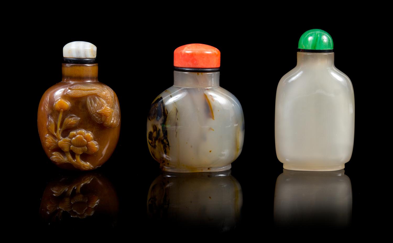 A Group of Three Agate Snuff Bottles POSSIBLY 19TH CENTURY Height of tallest 2 7/8 inches. — POSSIBLY 19TH CENTURY