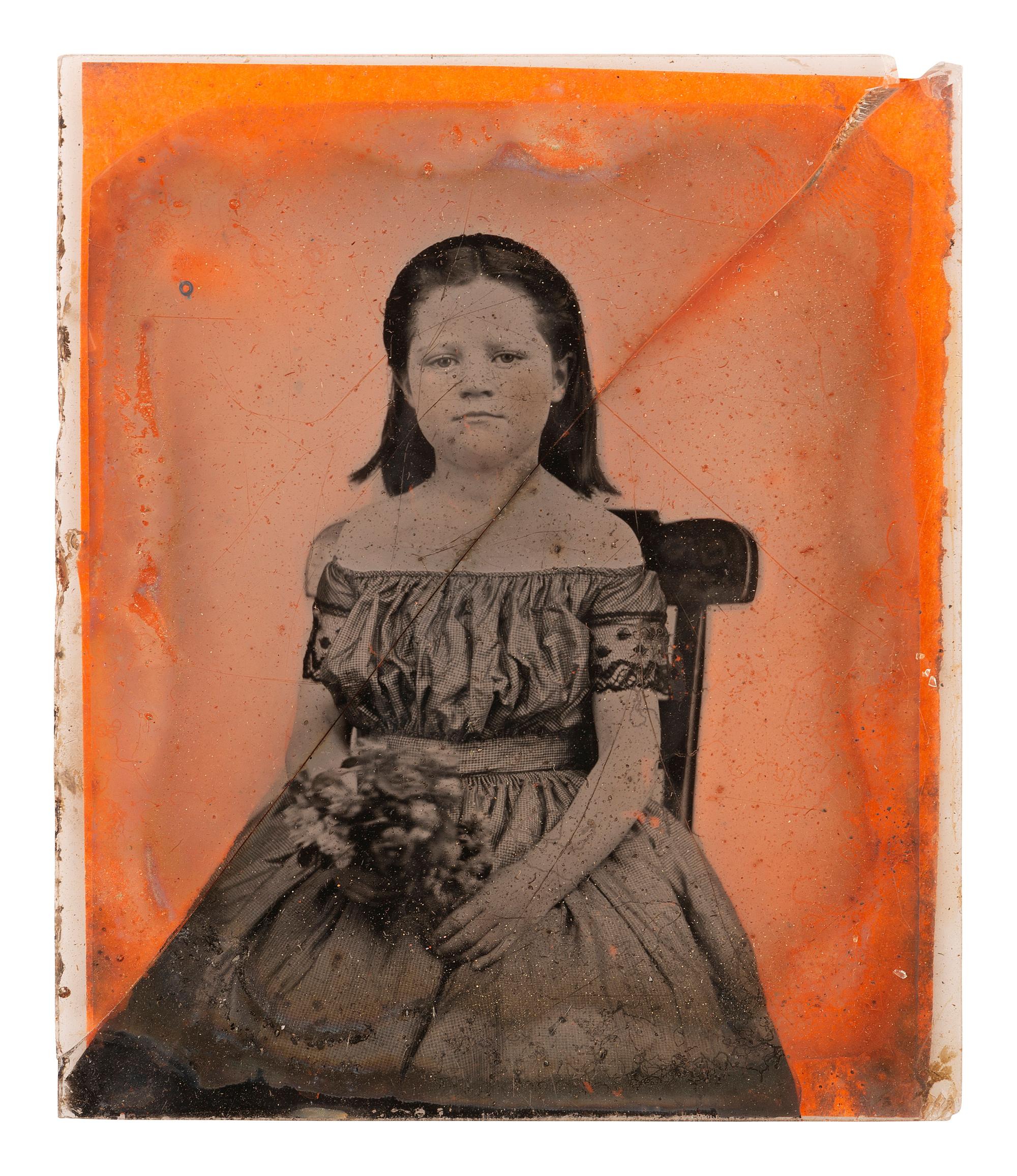 [LINCOLNIANA]. Sixth plate ambrotype of subject identified as Lizzie Gilmer, the daughter of Daniel H. Gilmer, who purportedly demanded a toll from Lincoln.