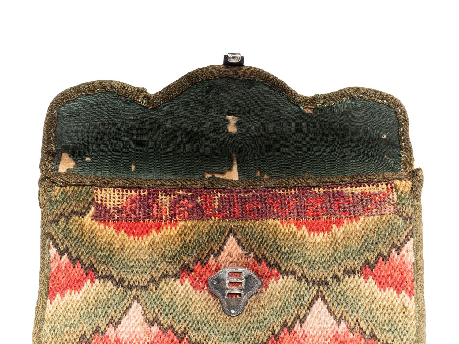A Queen Anne Flamestitch Wool Lady’s Purse with Engraved Silver Closure