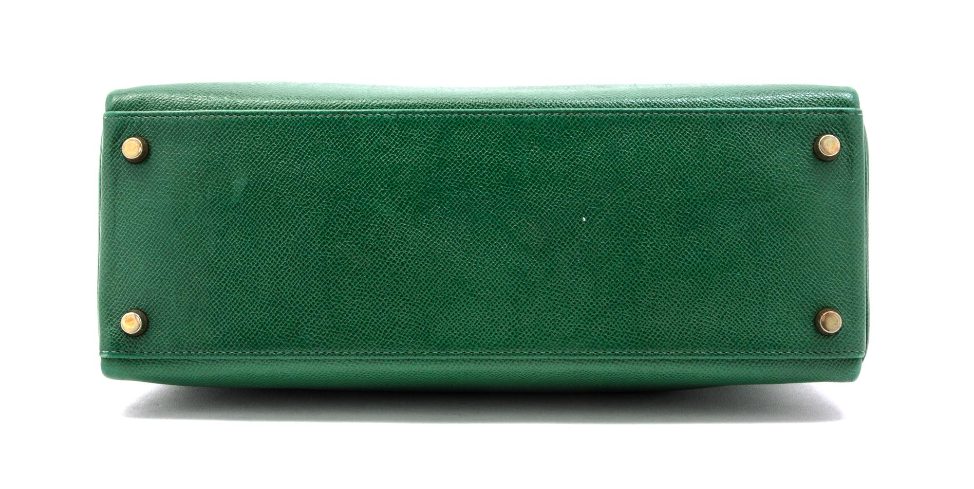 An Hermes 32cm Green Leather Kelly Bag, 12 1/2 x 9 x 4 1/2 inches.
