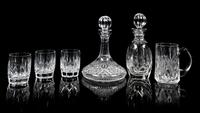 Waterford, a pair of crystal decanters, together with three old fashioned glasses and a tankard