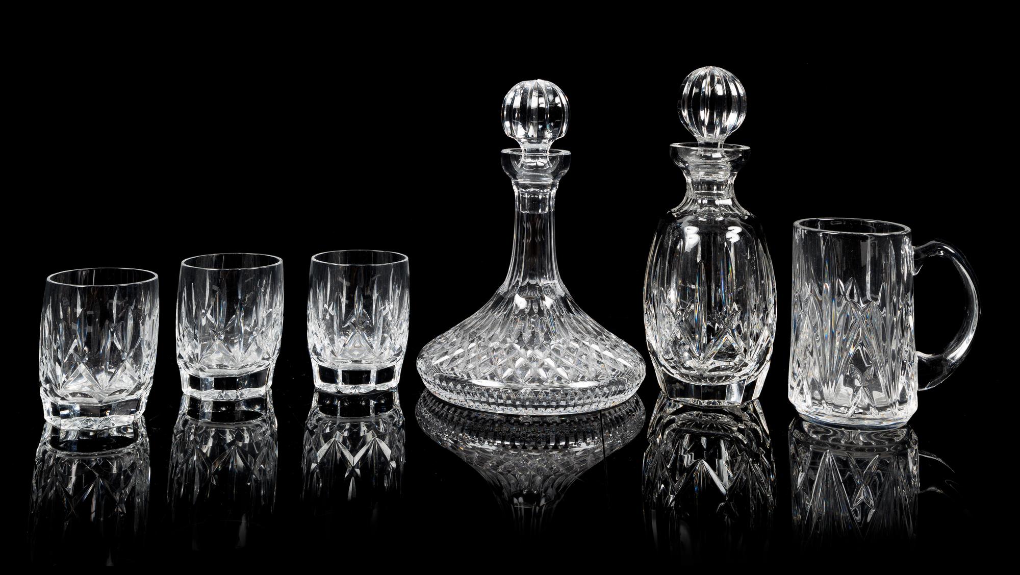 Waterford, a pair of crystal decanters, together with three old fashioned glasses and a tankard