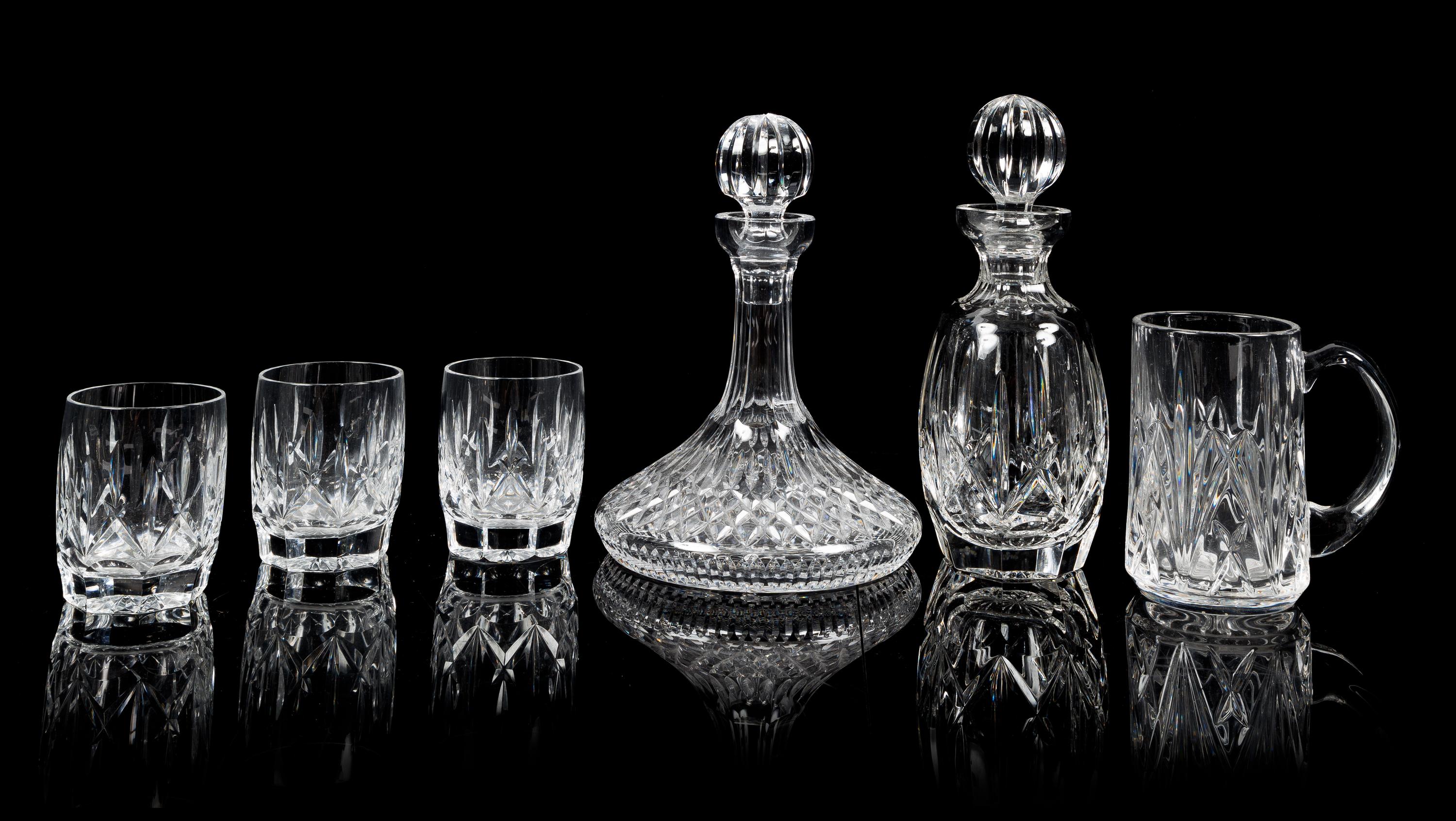 Waterford, a pair of crystal decanters, together with three old fashioned glasses and a tankard